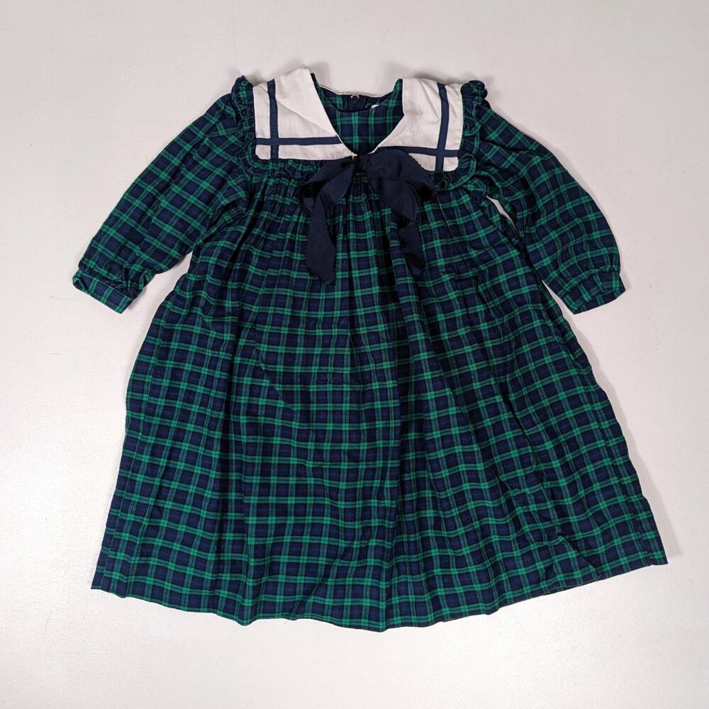Vtg SLML Dress Girls Sz 4 Green Plaid Sailor Holiday Party